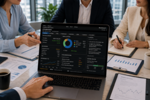 group of people reviewing AI financial dashboar