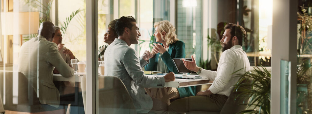 Group, people and talking at meeting in office for project, teamwork and investment banker.