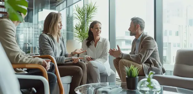 Family office advisors meeting with a family in a bright, modern office